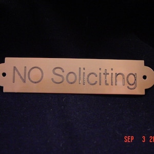 No Soliciting Sign, Engraved Brass  name plate tag Customized for you