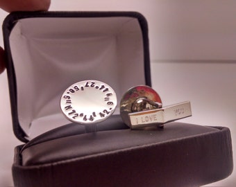 Hand Stamped Cufflinks, Sterling Silver, Personalized Engraving Message on the toggle back