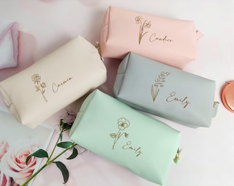 Personalized Leather Women Makeup Bag, Custom Name Cosmetic Bag for Her