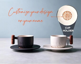 Personalized Coffee Cup Gift, Ceramic Espresso Mug, Engraved Wooden Handle & Coaster