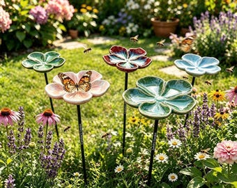 Handmade Bee Water Station, Ceramic Pollinator Garden Stake, Butterfly Feeder, Outdoor Yard Decor Gift