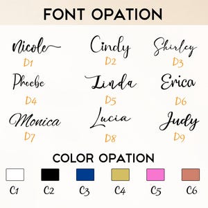 May include: Image displaying font and color options for personalized items. The text "FONT OPATION" and "COLOR OPATION" are at the top and bottom. Nine font styles are shown with names like Nicole and Cindy. Six color swatches are also displayed.