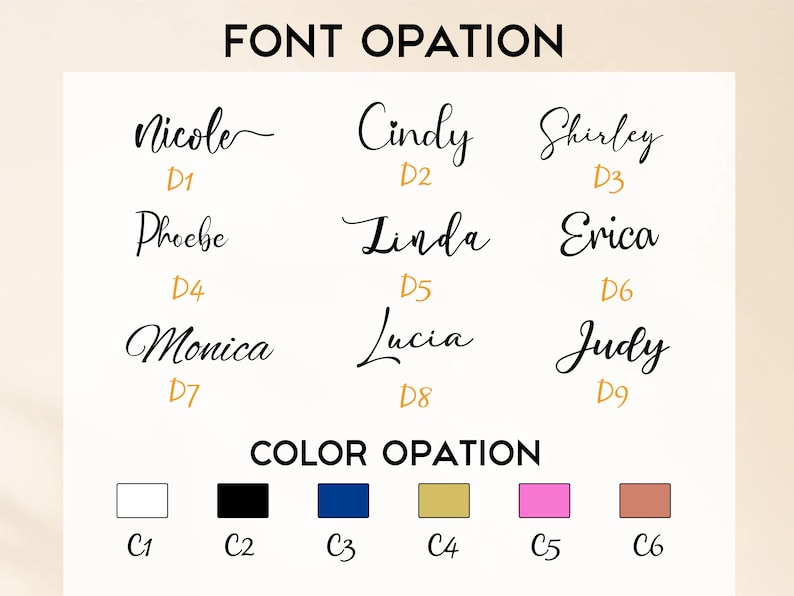 May include: Image displaying font and color options for personalized items. The text "FONT OPATION" and "COLOR OPATION" are at the top and bottom. Nine font styles are shown with names like Nicole and Cindy. Six color swatches are also displayed.