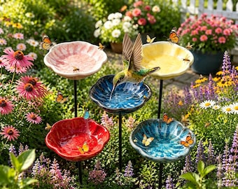Ceramic Flower Bird Feeder, Bee Water Station, Butterfly Puddler, Garden Decor