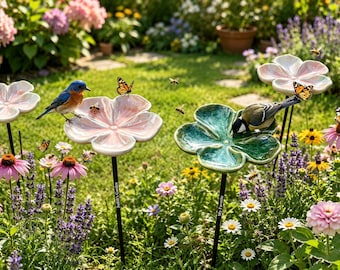 Ceramic Bee Water Station, Pollinator Garden Decor, Flower Garden Stake, Butterfly Feeder