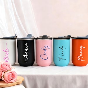 Vasos de acero inoxidable personalizados de 10 oz, tazas de viaje personalizadas con tapa para damas de honor