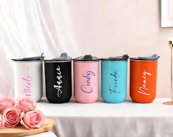 Personalized 10oz Stainless Steel Tumblers, Custom Travel Mugs with Lid for Bridesmaid