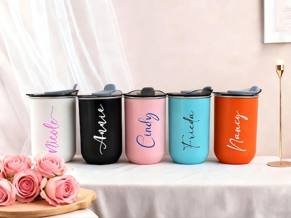 Personalized 10oz Stainless Steel Tumblers, Custom Travel Mugs with Lid for Bridesmaid