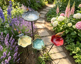 Ceramic Bird Bath for Wild Birds, Bee Waterer & Hummingbird Feeder, Flower Pollinator Garden Decor