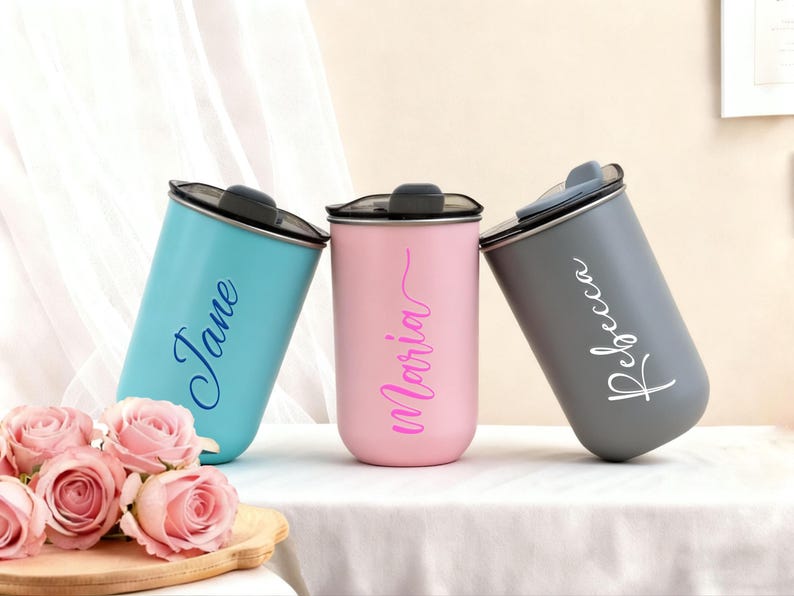Personalized 10oz Stainless Steel Tumblers, Custom Travel Mugs with Lid for Bridesmaid image 3
