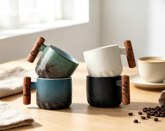 Personalized Ceramic Espresso Cup, Custom Wooden Handle Coffee Lover Gift