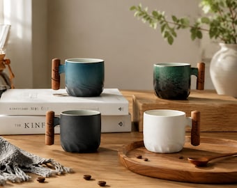 Personalized Ceramic Coffee Mug with Wooden Handle, Custom Name Wedding Gift Mug