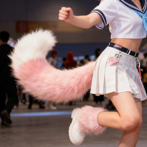 Può includere: Un outfit cosplay con una gonna a pieghe bianca, un top in stile marinaio con cravatta blu e una soffice coda rosa e bianca. L'outfit include scaldamuscoli rosa abbinati e scarpe bianche. Una cintura nera con un ciondolo rosa completa il look.