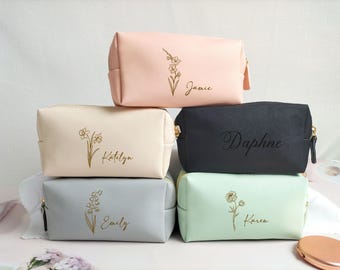 Personalized Bridesmaid PU Makeup Bag, Custom Name Cosmetic Pouch for Wedding Gifts