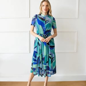 Chiffon Summer Dress - Alluring Dress, Blue Pattern Dress, Summer Chiffon Dress, Lightweight Dress, Flowing Dress, Chic Blue Dress