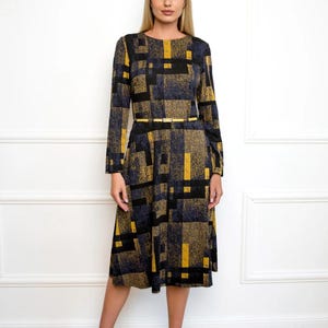 Kind Midi Winter Dress with Pockets - Geometric Print Dress - Long Sleeves Dress - Women&#39;s Dress - Colorful Fashion Dress - Timeless Design