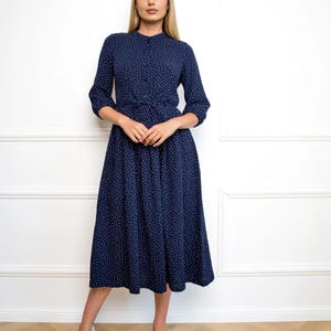 Ravishing Midi Blue Cotton Dress With Adjustable Belt And Pockets - Polka Dot Dress - Versatile Dress - Vintage Style Dress - Women Dress
