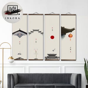 Kinesisk skriftrulleväggkonst, minimalistisk arkitekturtryck, inramad zendekor, traditionell asiatisk målning, elegant hängande canvastafsch