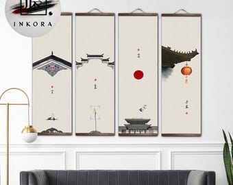 Chinese Scroll Wall Art, Minimalist Architecture Print, Framed Zen Decor, Traditional Asian Painting, Elegant Hanging Canvas Poster