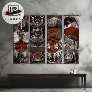 Japanese Scroll Wall Art, Samurai & Tiger Canvas, Framed Wall art, Asian Home Decor, Traditional Asian Painting, Elegant Wall Poster