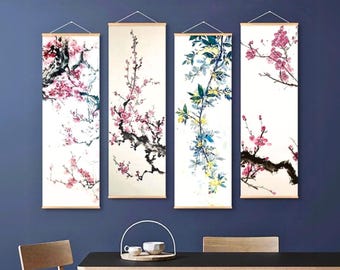 Vertical Plum Blossom Wall Art Scroll, Chinese Flower Canvas Painting, Tall Asian Wall Art for Living Room Entryway Decor