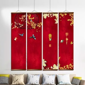Chinese Scroll Wall Art, Elegant Red & Gold Decor, Framed Hanging Canvas, Traditional Oriental Painting, Zen Asian Aesthetic, Meditation