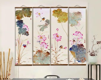 Abstract Lotus Scroll Wall Art, Traditional Floral Hanging Canvas, Framed Asian Ink Painting, Elegant Vertical Wall Art, Zen Oriental Decor