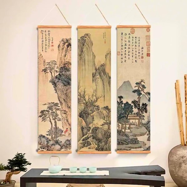Arte mural de pergamino chino, decoración asiática tradicional, lienzo enmarcado para colgar, impresión de naturaleza zen, decoración del hogar, póster de pared elegante, japonés