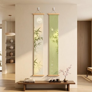 Bamboo Scroll Wall Art, Japandi Wall Decor, Zen Spa Wall Hanging, Vertical Tall Canvas, Minimalist Entryway Art, Green Nature Decor