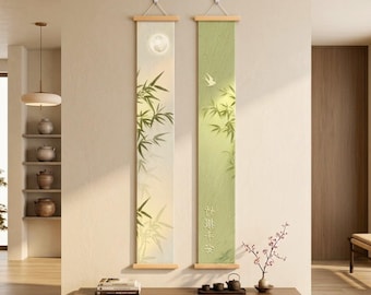 Bamboo Scroll Wall Art, Japandi Wall Decor, Zen Spa Wall Hanging, Vertical Tall Canvas, Minimalist Entryway Art, Green Nature Decor
