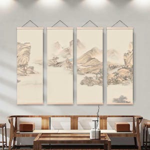 May include: Four vertical landscape paintings with a traditional Asian aesthetic. Each painting depicts a mountain scene in muted tones of beige, brown, and gray. The paintings are hung with wooden rods and black metal hangers.