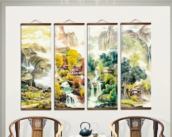 May include: Four vertical landscape paintings depicting mountains, waterfalls, and traditional buildings. The artwork features a muted color palette with shades of green, yellow, and brown. Each painting is framed with a wooden bar at the top and bottom.