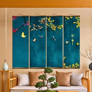Aziatische meditatie scroll kunst aan de muur, elegant blauw en goud decor, ingelijst hangend canvas, traditionele Chinese schilderkunst, oosterse woondecoratie