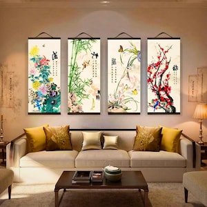 Arte mural chino con pergamino, lienzo enmarcado para colgar, elegantes impresiones de naturaleza, decoración tradicional asiática, ciruela, bambú, orquídea y crisantemo, póster.