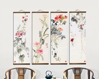 Chinese Floral Scroll Wall Art, Traditional Flower Hanging Canvas, Framed Asian Ink Painting, Elegant Vertical Wall Art, Oriental Home Decor