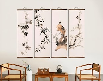 Minimalist Floral Ink Scroll Wall Art, Bamboo Hanging Canvas, Zen Asian Decor, Framed Vertical Wall Art, Modern Oriental Home Accent