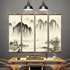 Arte mural con pergamino chino, decoración asiática tradicional, lienzo enmarcado para colgar, impresión de naturaleza zen, póster de paisaje elegante, arte japonés y oriental.