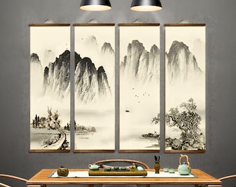 Chinese Scroll Wall Art, Traditional Asian Decor, Framed Canvas Hanging, Zen Nature Print, Elegant Landscape Poster, Japanese & Oriental Art