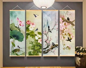 Vertical Bird Flower Wall Art Scroll, Chinese Ink Painting Canvas, Tall Asian Wall Art for Living Room Entryway Decor