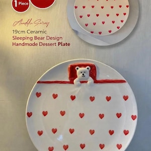 Keramik Bären Teller 19 cm, niedlicher Tier Dessert Teller, Polka Dot Servierteller, Kinder Frühstück & Geschenk Dekor