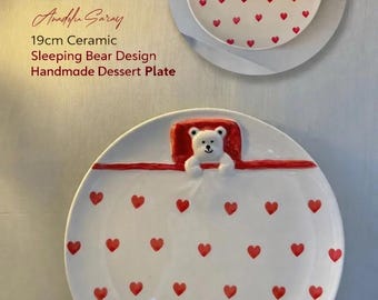 Ceramic Bear Plate 19cm, Cute Animal Dessert Plate, Polka Dot Serving Plate, Kids Breakfast & Gift Decor