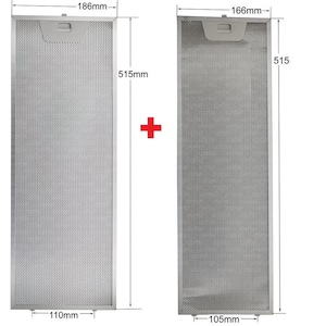 Puede incluir: Dos filtros rectangulares plateados para campana extractora. El filtro de la izquierda mide 18,6 cm de ancho, 51,5 cm de alto y 11 cm de profundidad. El filtro de la derecha mide 16,6 cm de ancho, 51,5 cm de alto y 10,5 cm de profundidad. Ambos tienen una malla metálica perforada.