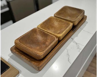 Acacia Wood Serving Tray with 3 Bowls