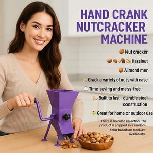 May include: A purple hand crank nutcracker machine with a handle, designed to crack nuts. The image includes text that says "HAND CRANK NUTCRACKER MACHINE". A bowl of nuts is also visible.