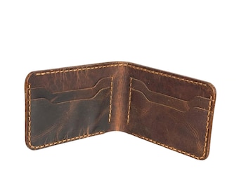 Cartera RFID de cuero encerado cosida a mano y personalizada, tarjetero plegable delgado.