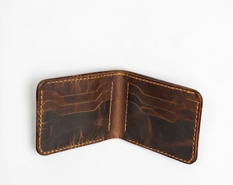 Cartera RFID de cuero genuino personalizada, delgada, hecha a mano, de cuero encerado, plegable, minimalista, para hombre, cosida a mano.