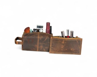 Set de neceser y estuche para brochas de maquillaje de cuero encerado auténtico, organizador de cosméticos de viaje.