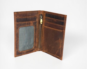 Cartera delgada minimalista plegable de cuero genuino encerado con protección RFID para hombre.