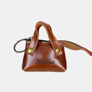 Personalized Genuine Leather Mini Bag Keychain, Custom Name Engraved Coin Pouch, Small Essentials Holder