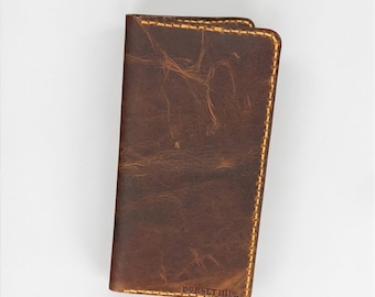 Cartera para móvil de cuero genuino personalizada, cosida a mano, con soporte largo para teléfono.